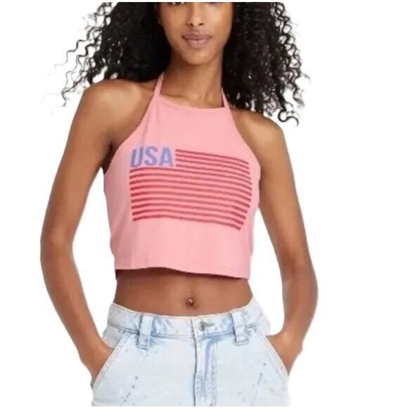 Isaac Morris (XS) USA Flag Graphic Crop Top Halter Neck Tie Sleeveless Tank - Picture 2 of 10